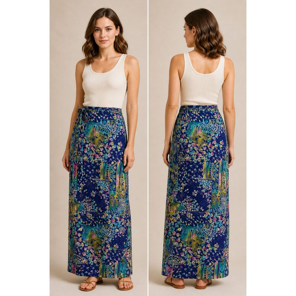VTG Jonathan Martin Womens Small Wrap Skirt Blue Art Print Y2K Fairy Hippie Boho
